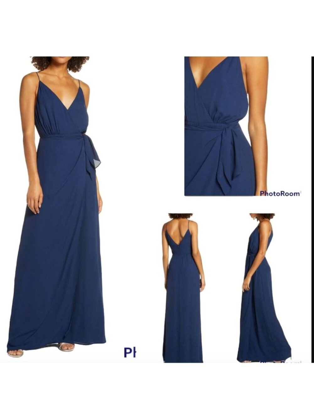WAYF Wynona Navy Chiffon Faux-Wrap Maxi Dress Gown - Size Small